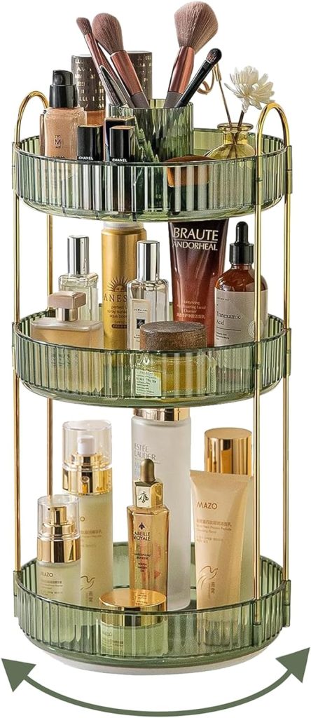 360 Rotating Makeup Organizer for Vanity,2 Tier Large Capacity Cosmetics Skincare Organizers,Bathroom Countertop Organizer Spinning Perfume Organizer,Dresser Vanity Organizer (Green-2 Tier)