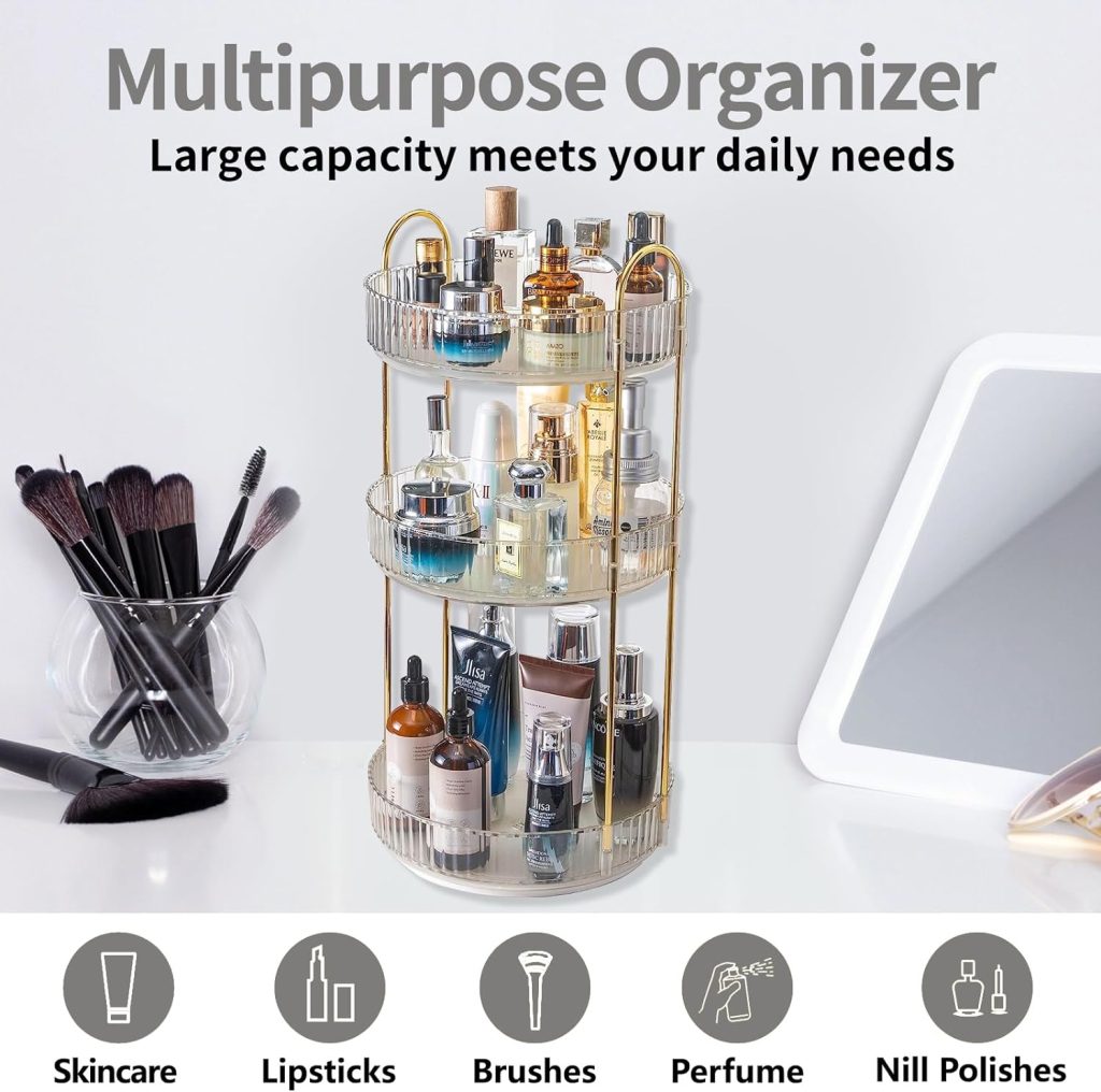 360 Rotating Makeup Organizer for Vanity,2 Tier Large Capacity Cosmetics Skincare Organizers,Bathroom Countertop Organizer Spinning Perfume Organizer,Dresser Vanity Organizer (Green-2 Tier)